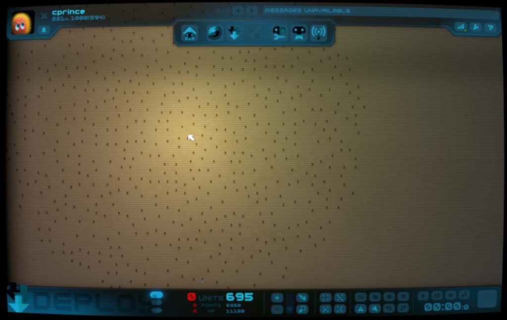 A zoomed out view of the deployment screen, showing 695 tiny robots from a great distance